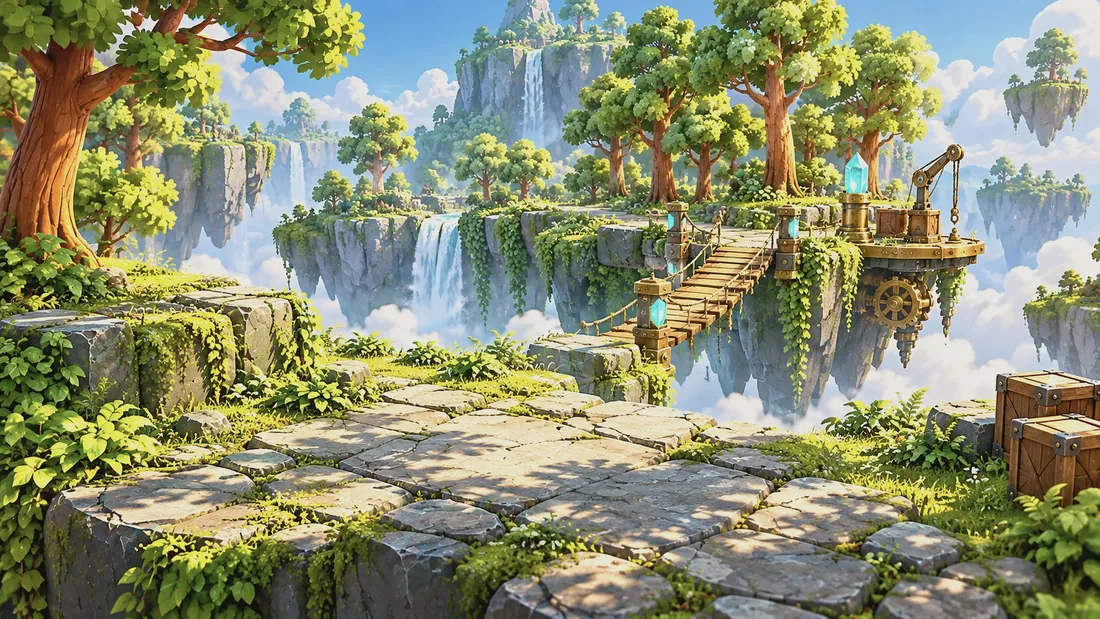 Waterfalls and walkways in a floating forest