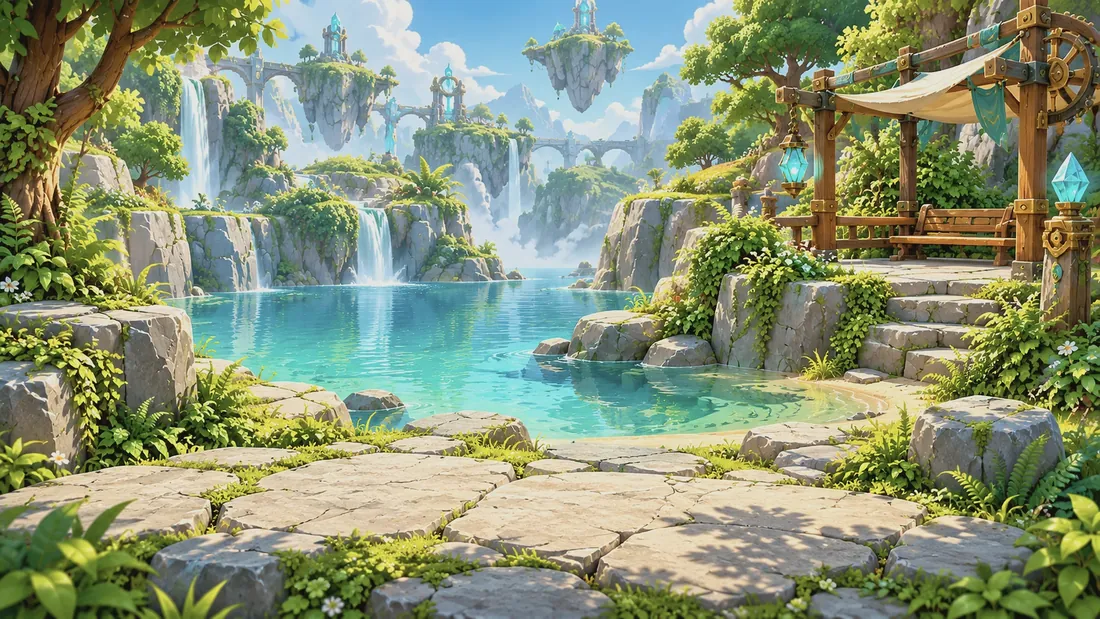 A calm lagoon with a wooden pavilion